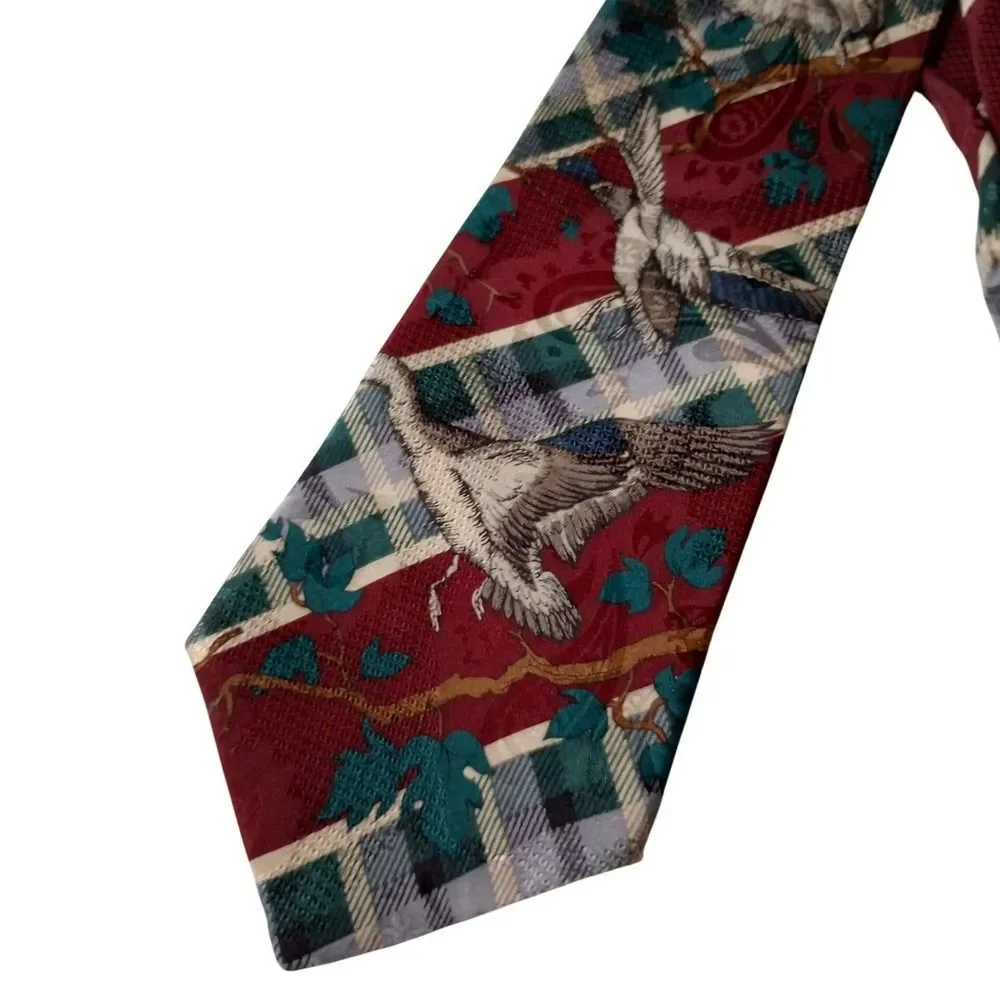 Flying Scotsman Collection Mens Silk Tie Burgundy Pheasant Plaid Paisley Hunting
